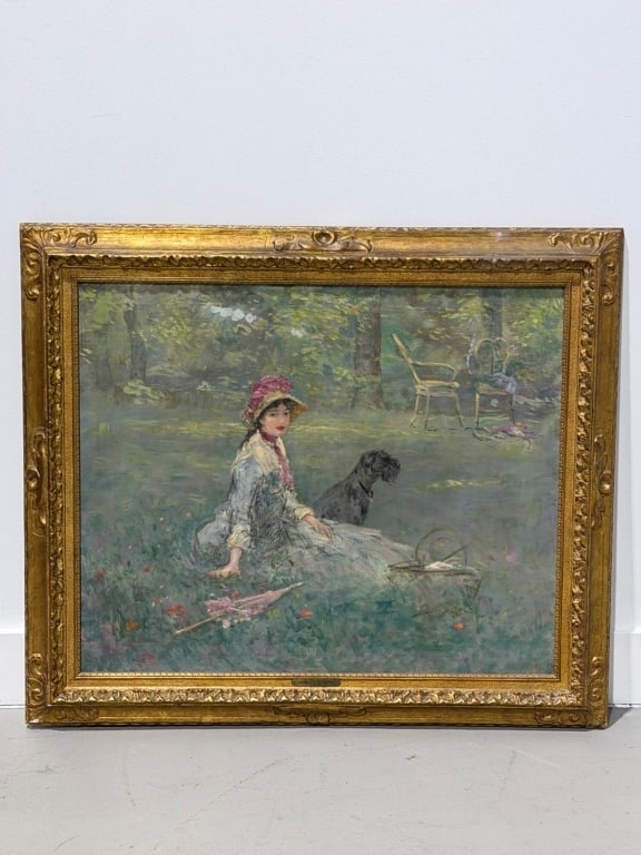 Francis Coates Jones (American, 1857-1932): Francis Coates Jones (American, 1857-1932) Picnic landscape scene with Scottish TerrierMeasures: 28 H x 34 wide Total framed measures 35 H x 41 1/2 wide
