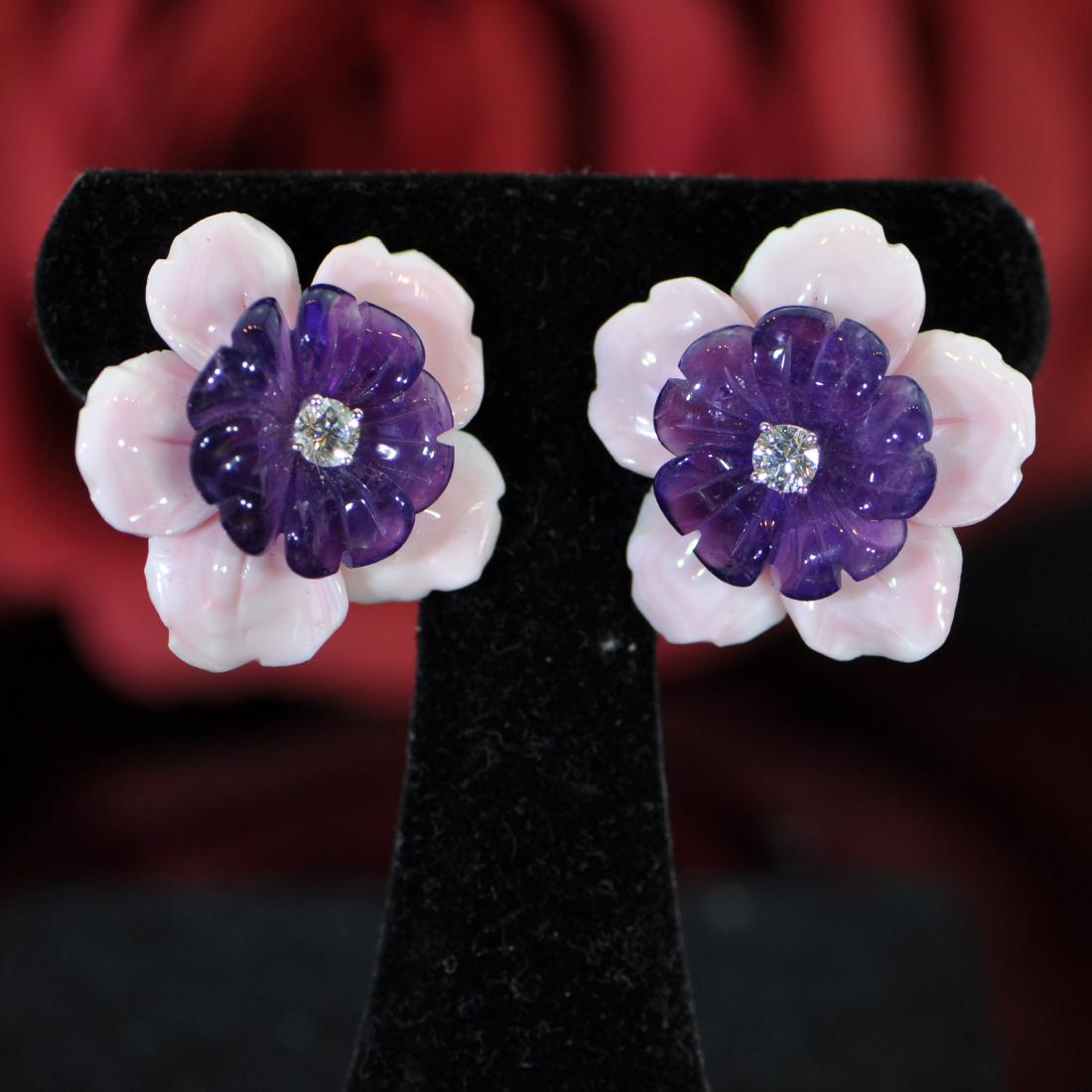 Carved Pink Coral and Amethyst and Diamond Earclips, (1 of 1)