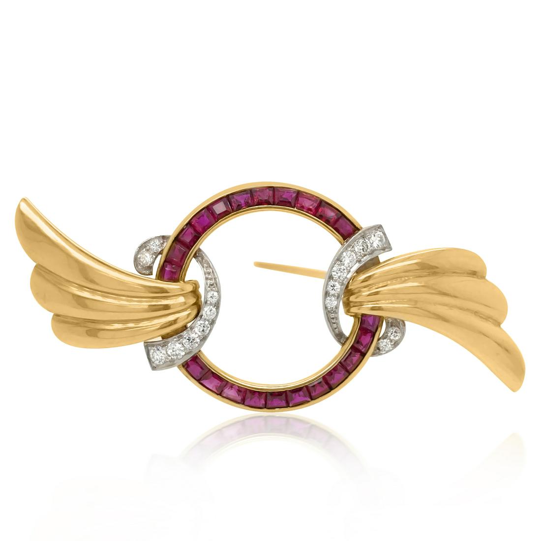 14K Gold, Platinum, Ruby  Diamond Brooch (1 of 4)