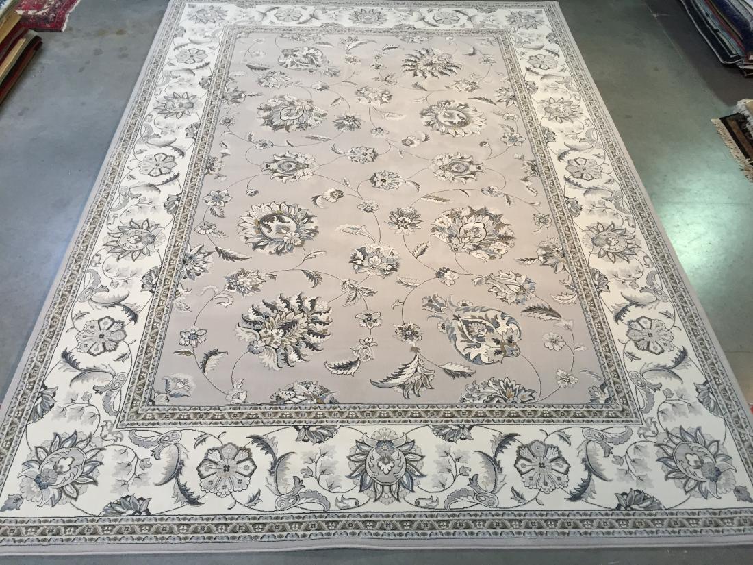 STUNNING PREMIUM OUSHAK DESIGN AREA RUG 7x10: 6'.7"x9'.6" Top of line Belgium made Brand name rug, in Oushak pattern Premium quality 1.0 M PPSM dense pile in soft Grey,Ivory, and multi accent colors ,Made of durable and easy to care, polyproplyen
