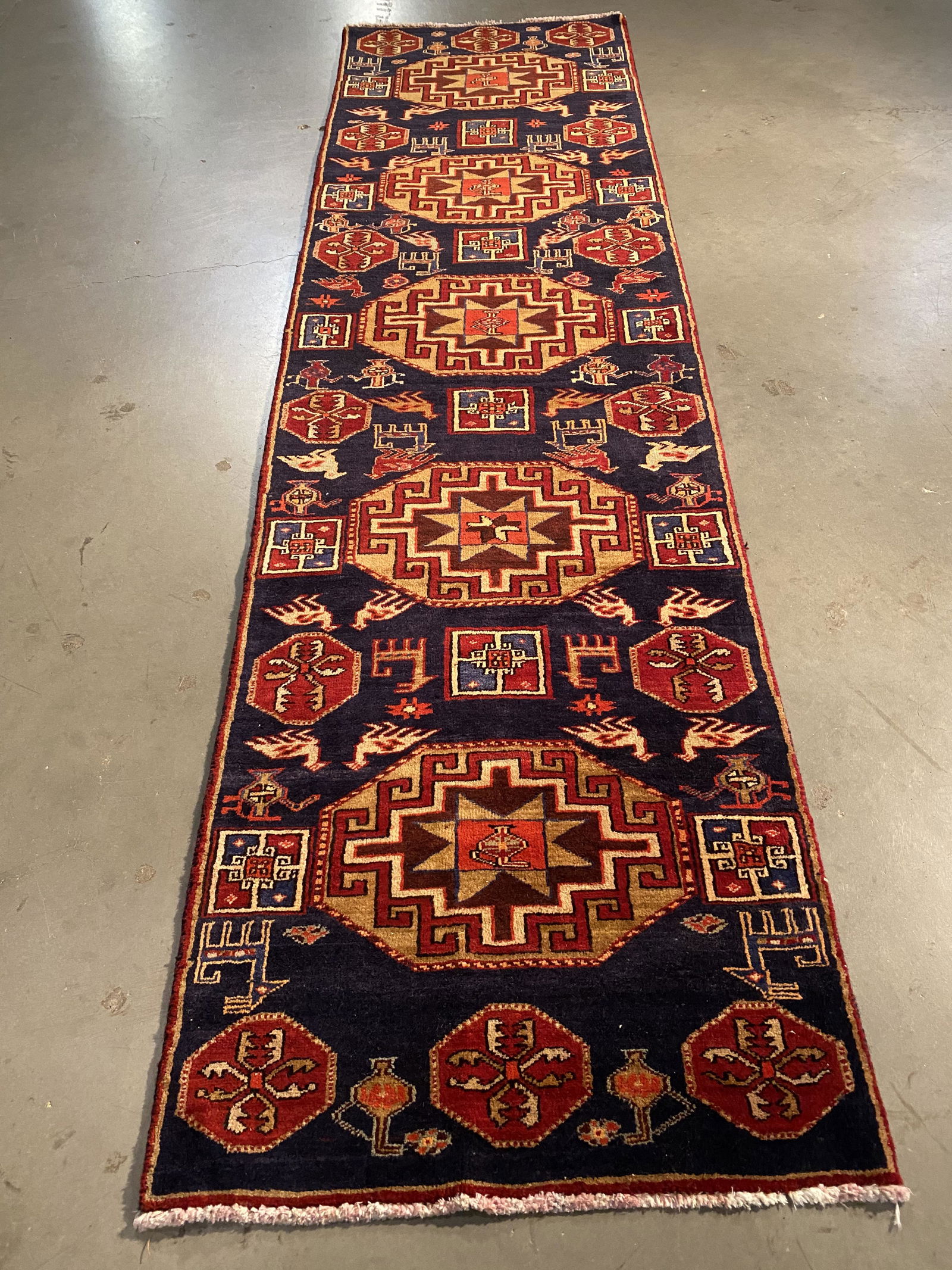 AUTHENTIC VINTAGE PERSIAN RUNNER 2.8x9.8: 2'.8"X 9'.8" Persian Hamedan antique Runner, in unique and rare design and colors, Navy and multi accent colors , Vege dye Hand Knotted in Iran 100% Natural wool pile Excellent condition