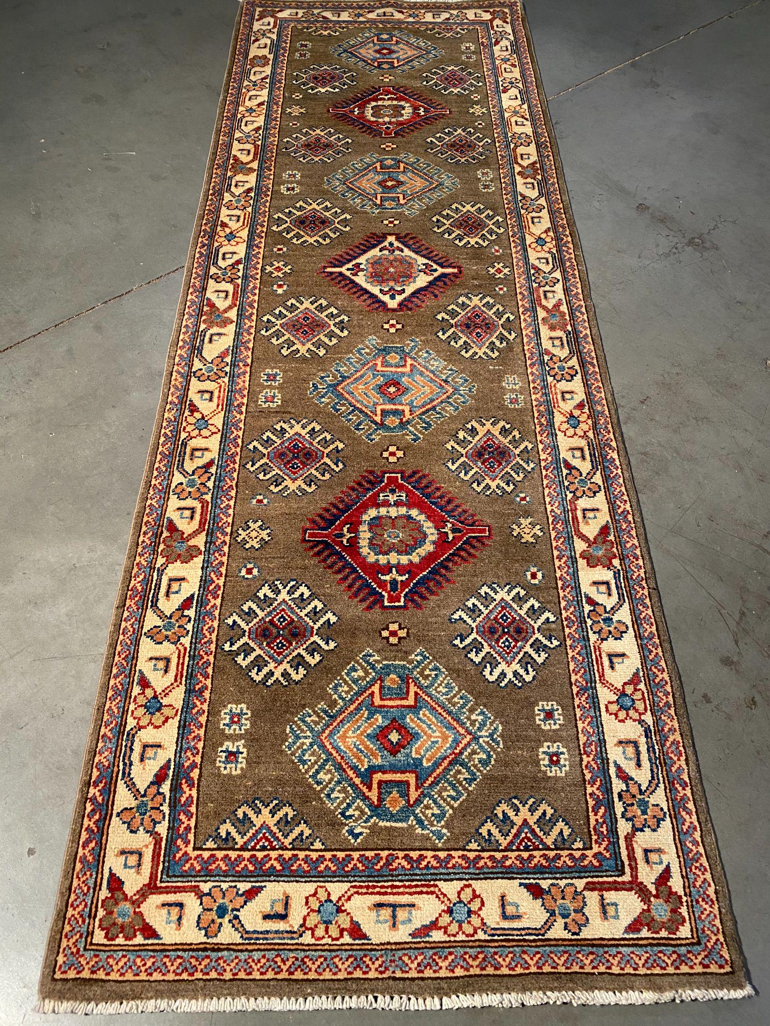 FINE HAND KNOTTED WOOL GEOMETRIC KAZAK RUNNER 2.8x7.8 (1 of 7)