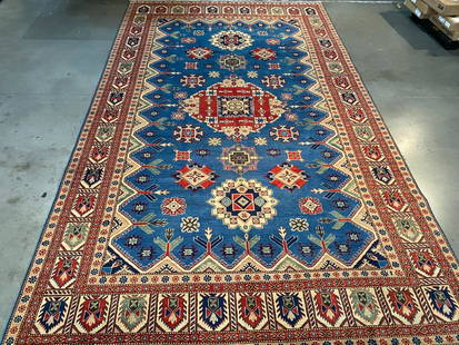 Exquisite Fine Super Kazak Rug 9.5x15.8: 9.5x15.8 Fine Authentic Hand Knotted 100% Veggie Dye Natural hand spun wool Pile Geometric pattern super quality Kazak rug in decorative blue and multi accent colors Hand Knotted in Pakistan