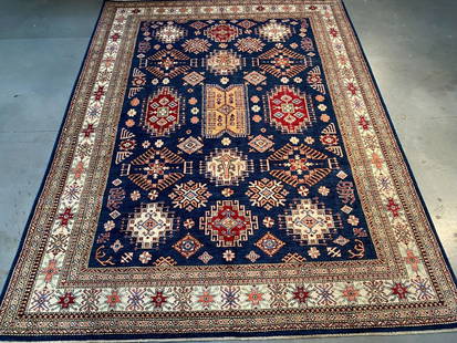 Exquisite Fine Super Kazak Rug 8x10.1: 8x10.1 Fine Authentic Hand Knotted 100% Veggie Dye Natural hand spun wool Pile Geometric pattern super quality Kazak rug high sheen in decorative Navy blue and multi accent colors Hand Knotted in Paki
