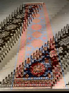 FINE HAND KNOTTED WOOL GEOMETRIC KAZAK RUNNER 2.6x8.9: 2'.6"X 8'.9" Fine Authentic Hand Knotted 100% Veggie Dye Natural wool Pile Geometric pattern Kazak runner in decorative Deep Navy Blue and multi accent colors Hand Knotted in Pakistan