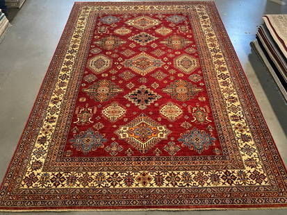 STUNNING FINE SUPER KAZAK RUG 8.9x12: 8'.9"x12' Super quality Kazak rug, hand spun and hand knotted rug in Pakistan 100% natural wool with beautiful sheen pile, in Vivid red , Ivory and multi accent colors