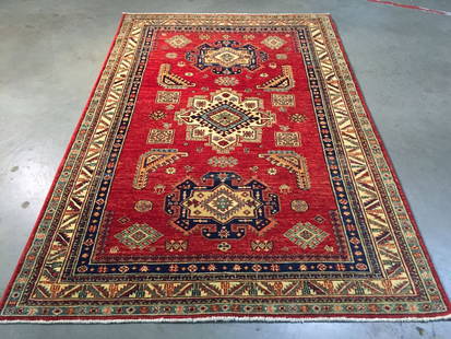 FINE SUPER KAZAK HAND KNOTTED RUG 4.10 X 7: 4.10 X 7.0 classic design Vintage, antique reproduction super Kazak rug, hand spun and hand knotted rug in Pakistan 100% natural wool pile, in Red, Ivory, Navy and multi accent colors