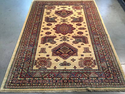 EXQUISITE FINE GEOMETRIC SUPER KAZAK RUG 5.7x8.1: 5.7 x8.1 Fine Authentic Hand Knotted 100% Veggie Dye Natural hand spun wool Pile Geometric pattern super quality Kazak rug high sheen in decorative Ivory and multi accent colors Hand Knotted in Pakist