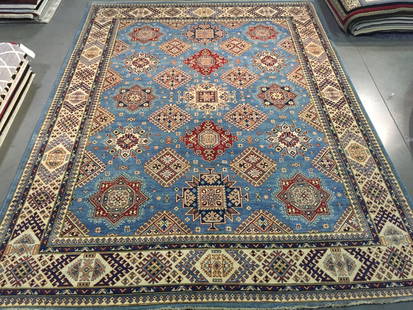 EXQUISITE FINE GEOMETRIC SUPER KAZAK RUG 9x12: 9x12 Fine Authentic Hand Knotted 100% Veggie Dye Natural hand spun wool Pile Geometric pattern super quality Kazak rug high sheen in decorative Royal Blue and multi accent colors Hand Knotted in Pakis