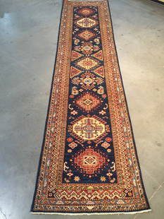 EXQUISITE FINE SUPER KAZAK RUNNER 2.7x10.5: 2.7x10.5 Super Fine Authentic Hand Knotted 100% Veggie Dye Natural hand spun wool Pile Geometric pattern super quality Kazak runner high sheen in Navy blue, Ivory and multi accent colors Hand Knotted