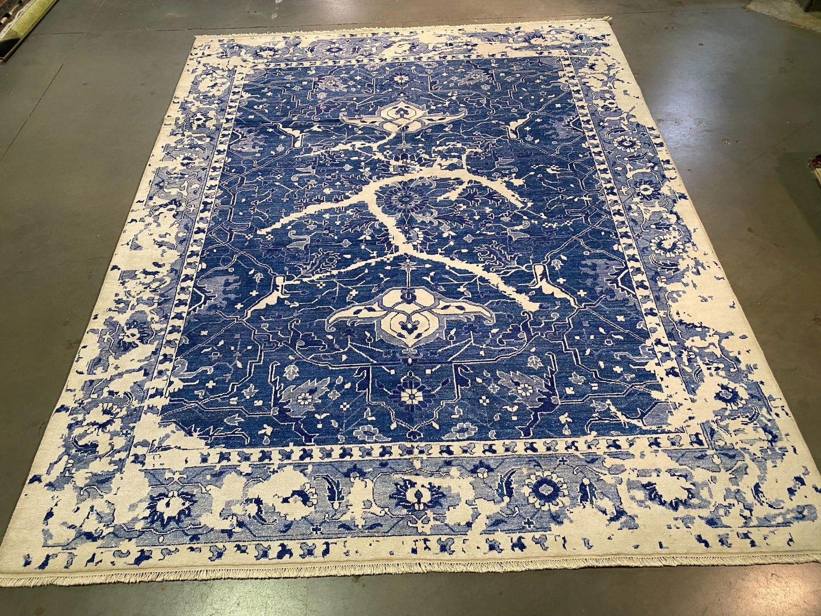 Stunning Modern Rug 8x10: 8x10 Exquisite Unique design rug a mix of modern and classic motifs pattern in shades of Mediterranean blue, Ivory colors , Hand Knotted in India