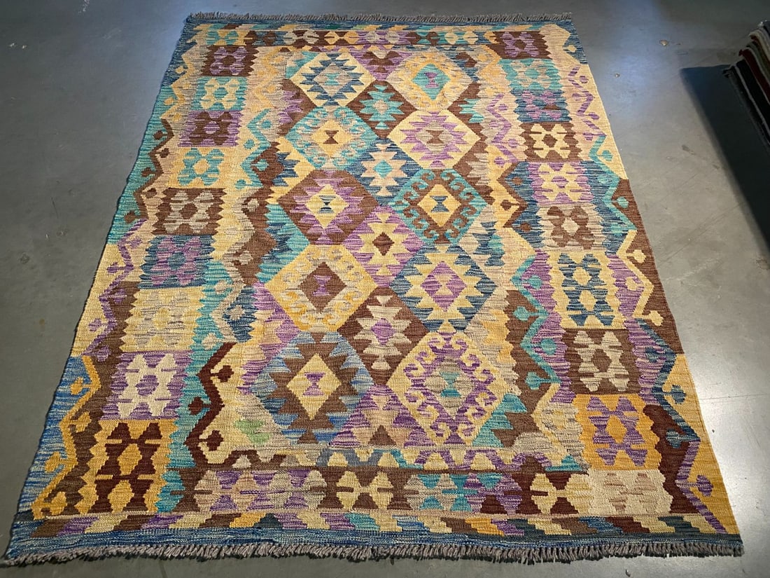 COLORFUL REVERSIBLE KILIM 5x7: 5x7 Hand Knotted Reversible Kilim in Multi Pastel colors design 100% wool , in soft finish Made in Pakistan