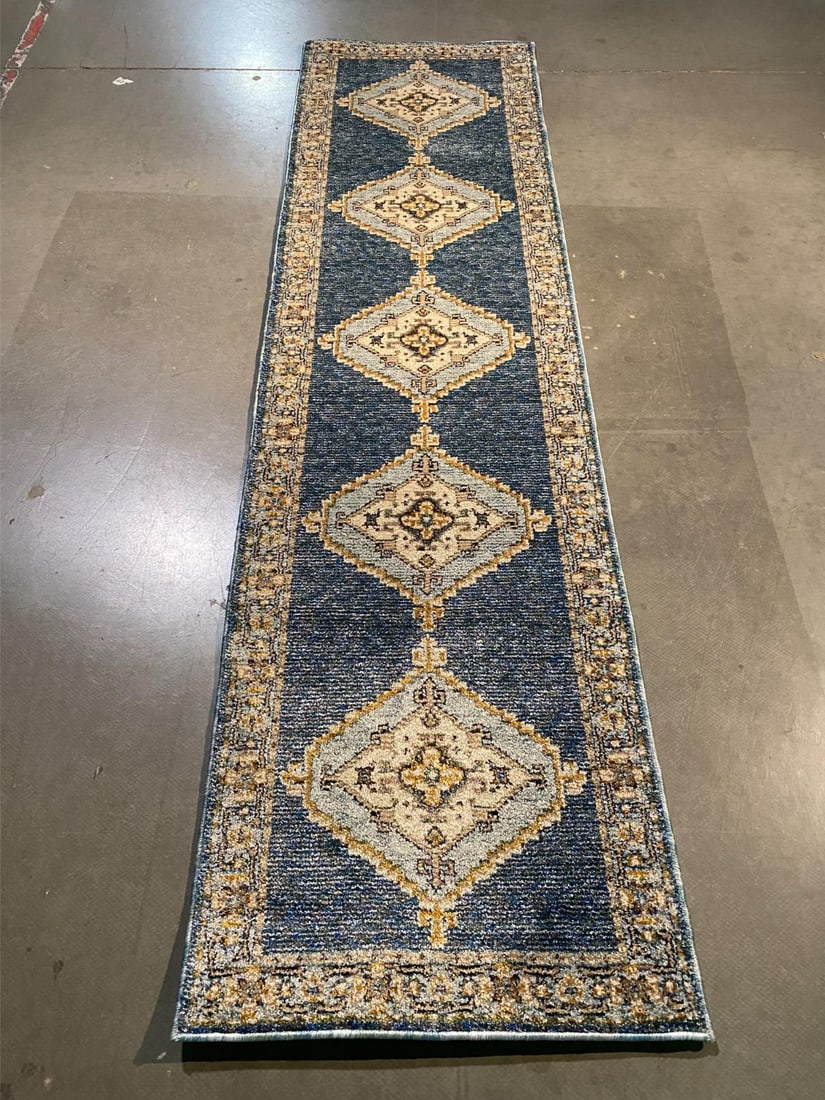 Stunning Kazak Design Runner 8': 2.3x 7.7 Magnificent premium geometric Kazak design runner in up to date colors, Blue, gold and multi accent colors. Machine made in Egypt Polypropylene pile