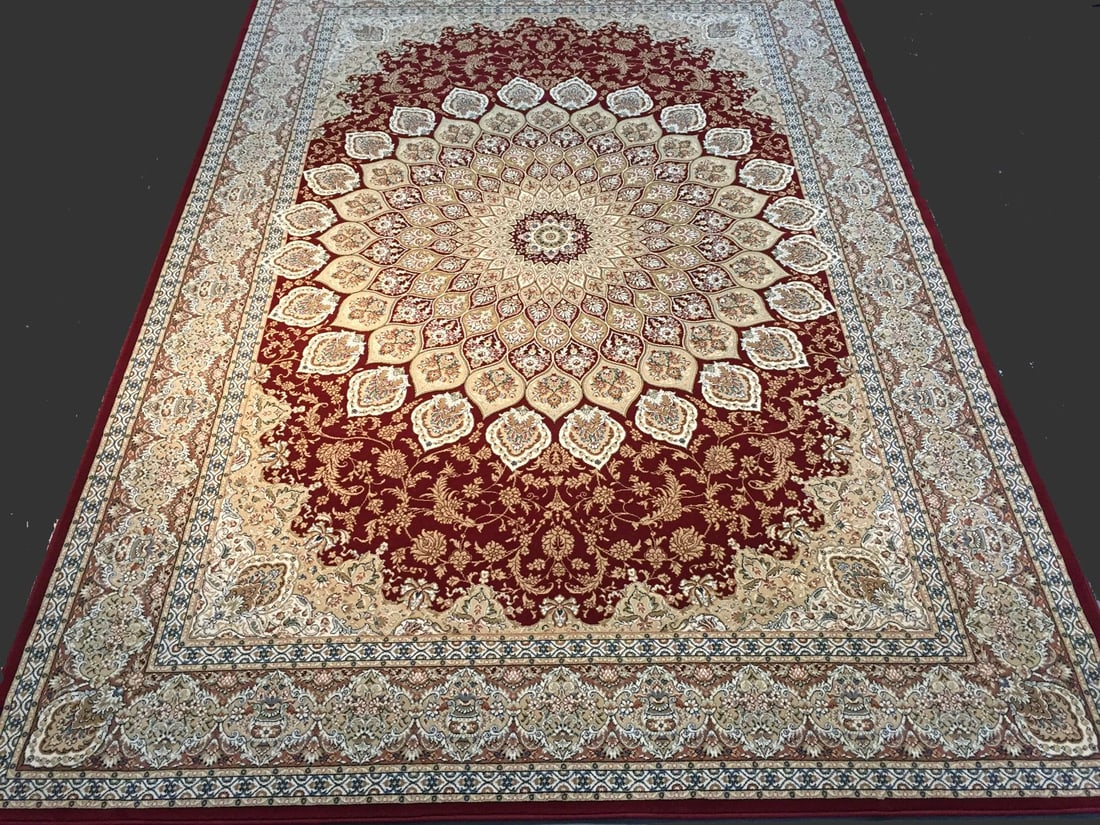 STUNNING PREMIUM PERSIAN DOME PATTERN AREA RUG 8x11: 7'.10"X11'.2" Top of line Belgium made Brand name rug, in Persian Dome intricate and detailed pattern Premium quality 1.0 M PPSM dense pile in rich red, and multi accent colors ,Made of durable and