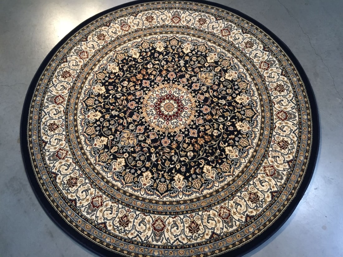 STUNNING PREMIUM PERSIAN ISFAHAN DESIGN ROUND 8 ft: 8x8 Top of line Belgium made Brand name rug, in Persian Isfahan intricate and detailed pattern Premium quality 1.0 M PPSM dense pile in rich red, and multi accent colors ,Made of durable and easy to