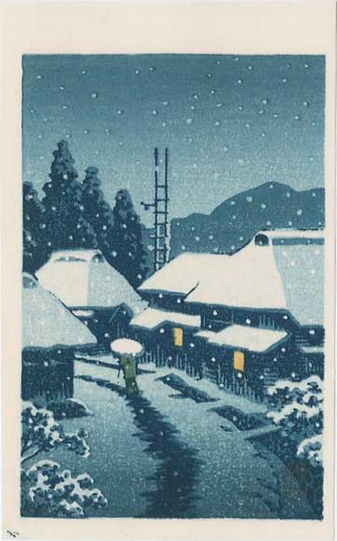 Hasui -- Terashima Village in Snow Woodblock: Japanese woodblock print,c1930 -- Watanabe Publisher (later printing),3 3/8 x 5 1/4 inches (+ margins),Skillfully executed "bokashi" shading. KAWASE HASUI (1883 – 1957) was a Japanese woodblock prin