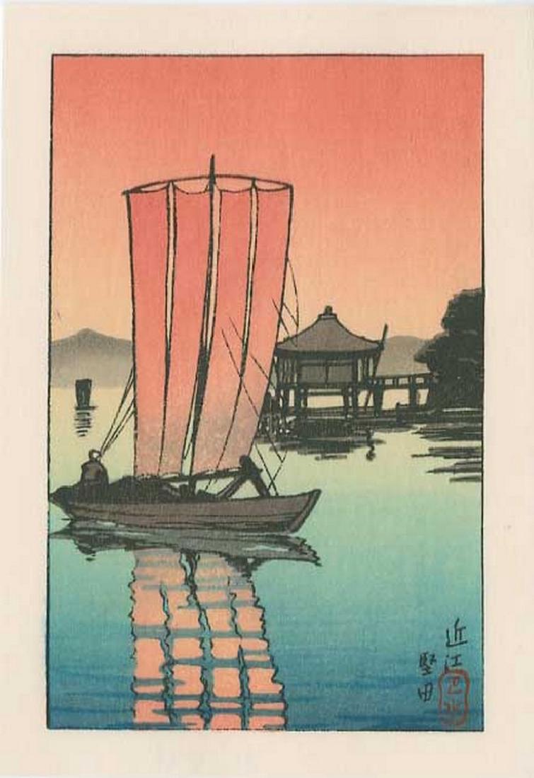 Hasui -- Ohmi, Katada Woodblock: Japanese woodblock print,c1930 -- Watanabe Publisher (later printing),3 5/8 x 5 3/4 inches (+ margins),Skillfully executed "bokashi" shading. KAWASE HASUI (1883 – 1957) was a Japanese woodblock prin