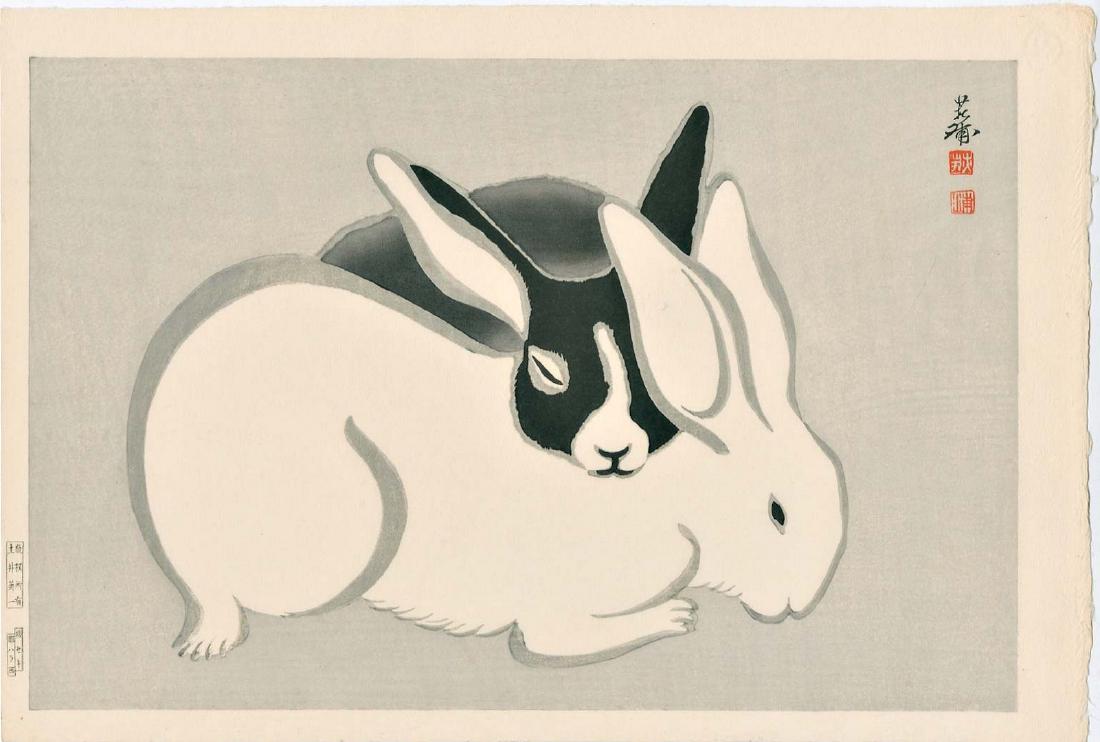 Tekiho Imoto: Black & White Rabbits Sleeping Woodblock (1 of 2)