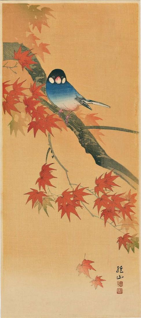 Sozan Ito: Finch on a Maple Branch Woodblock (1 of 2)