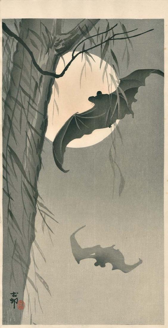 Koson Ohara: Bats by a Willow and Full Moon Woodblock: Japanese woodblock print,1910, published by Daikokuya, signed and sealed Koson. From the estate of Robert O. Muller.,7.5 x 14.5 inches (overall) OHARA KOSON, who also went by the art names of Shoson a