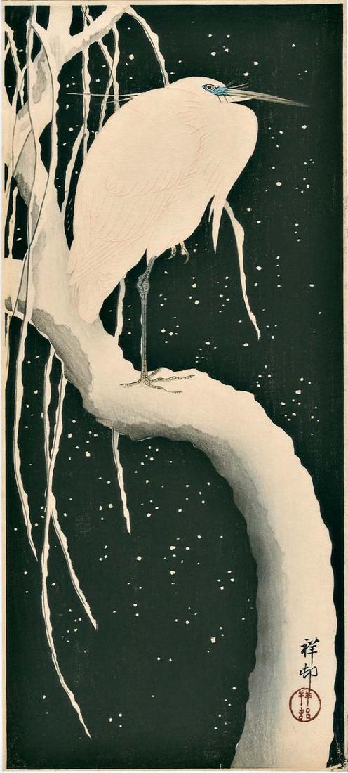 Koson Ohara: Egret on Snow Covered Branch Woodblock: Japanese woodblock print,1920s, published by Watanabe.,6.75 x 14.9 inches (overall) OHARA KOSON, who also went by the art names of Shoson and Hoson, began his career as the student of Suzuki Koson whe