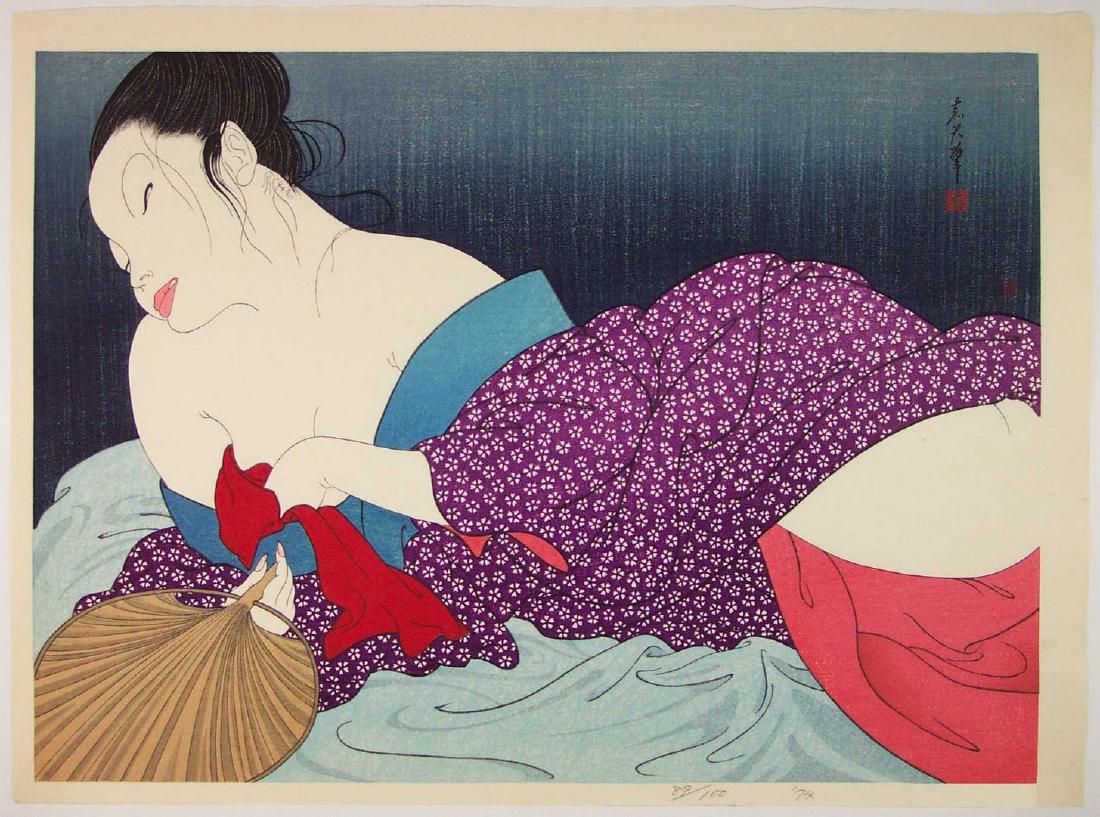 Yoshio Okada: Deshabile Woman Reclining Woodblock 1st: Japanese woodblock print,1974 -- Kadokawa Shoten (First Edition),11 3/4 x 16 1/4 inches (+ margins),Skillfully printed -- superb!! Publisher's inventory "sold out." YOSHIO OKADA produced a number of p