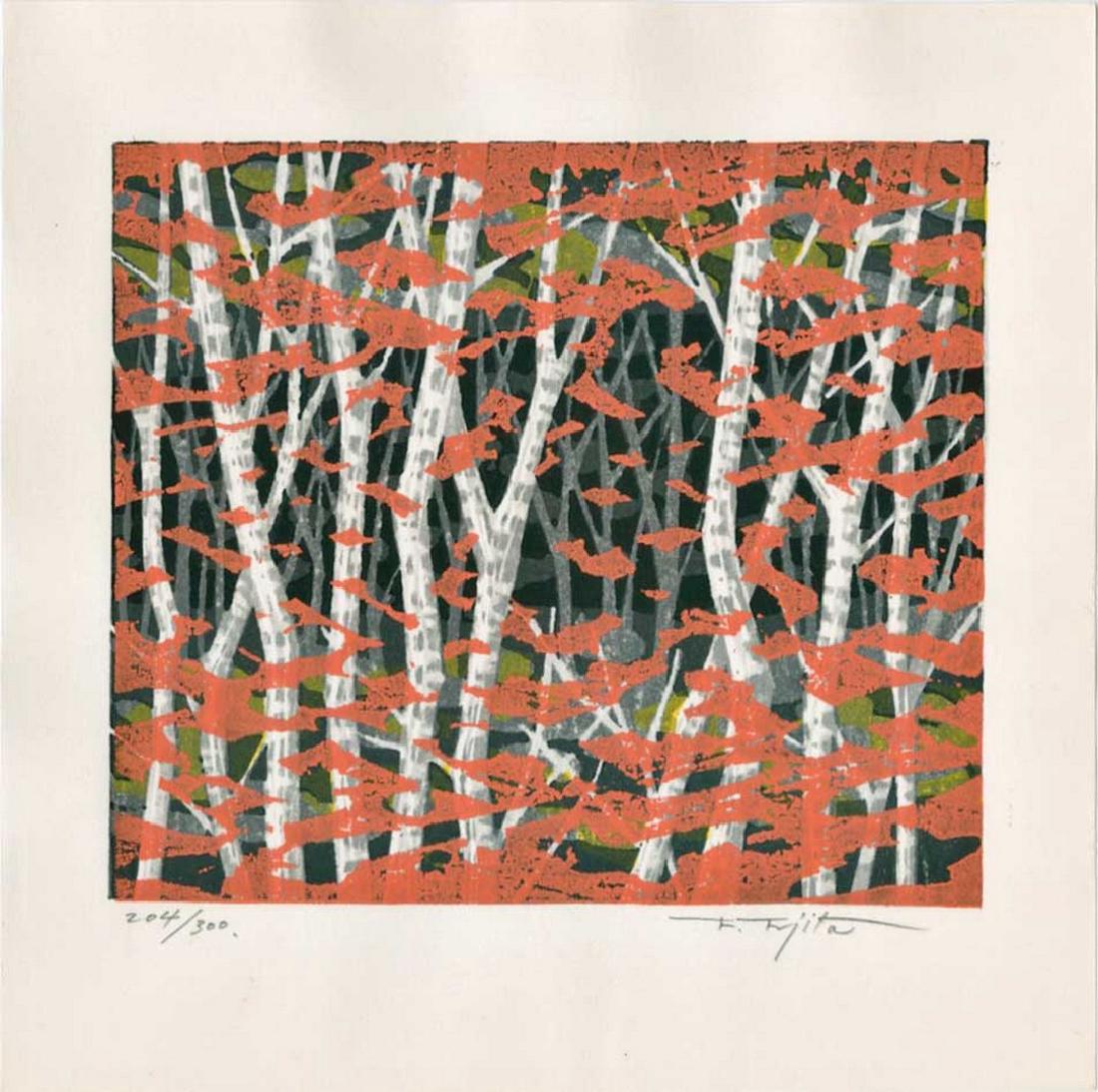 Fujita Fumio: Autumn Woodblock: Japanese woodblock print NOTES/DATE/ETC: First edition, self published, pencil signed and numbered 204/300 SIZE IN INCHES: 8 x 8 inches FUJITA FUMIO graduated from the Musashino College of Fine Arts a