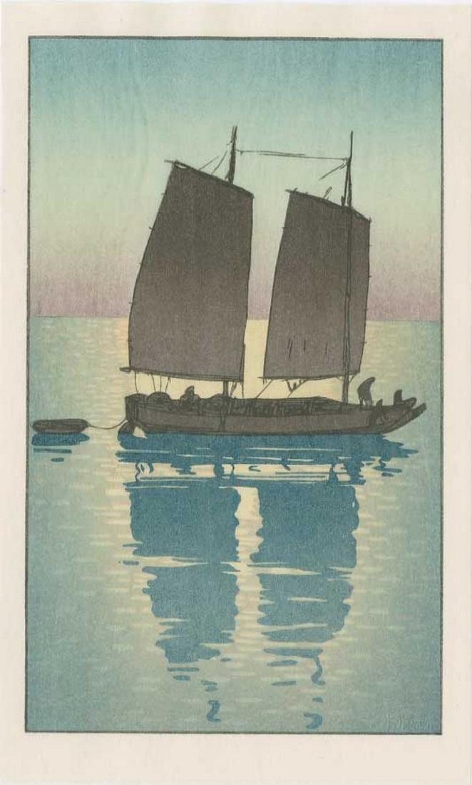(After) Hiroshi YOSHIDA --Traditional Sailing Boat: Japanese woodblock print NOTES/DATE/ETC: 2000 -- Mokuhanga-kan (Tokyo) SIZE IN INCHES: 4 7/8 x 8 1/8 inches (+ margins) COMMENTS: Nearly twice size of Yoshida's 1939 design. Skillfully executed "bakas