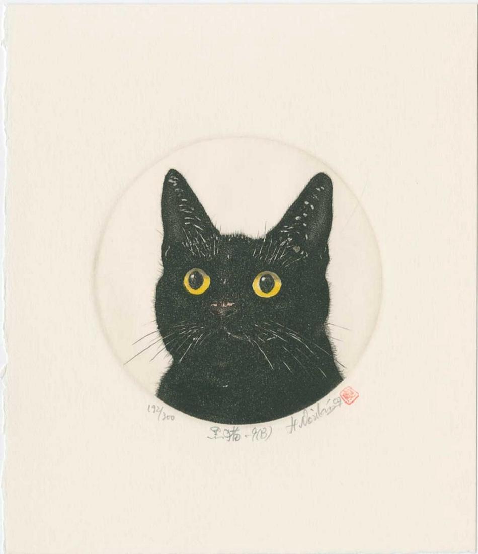 Norikane Hiroto: Black Cat with Yellow Eyes Mezzotint: Japanese mezzotint print NOTES/DATE/ETC: SIZE IN INCHES: 8.4 x 9.75 inches NORIKANE HIROTO is a contemporaty Japanese printmaker specializing in mezzotints. He is known for his renderings of cats and 