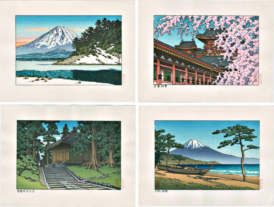 Hasui Kawase: 4 Koban-Sized Woodblock Prints: Japanese woodblock print NOTES/DATE/ETC: Showa era edition published by Watanabe from the original woodblocks SIZE IN INCHES: Each print: 9 x 6.75 inches KAWASE HASUI (1883 – 1957) was a Japanese wo
