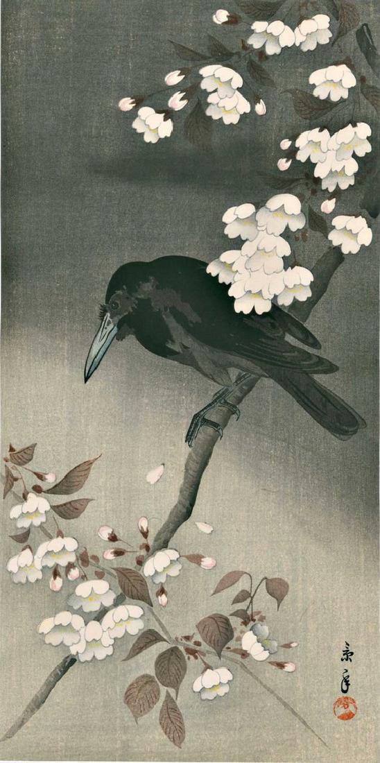 Keinen Omao: Crow on a Blossoming Cherry Tree Woodblock: Japanese woodblock print NOTES/DATE/ETC: c. 1930, published by Shima Art Company SIZE IN INCHES: 7.8 x 15 inches COMMENTS: Provenance: from the Robert O. Muller estate IMAO KEINEN (1845-1924) was a Ja
