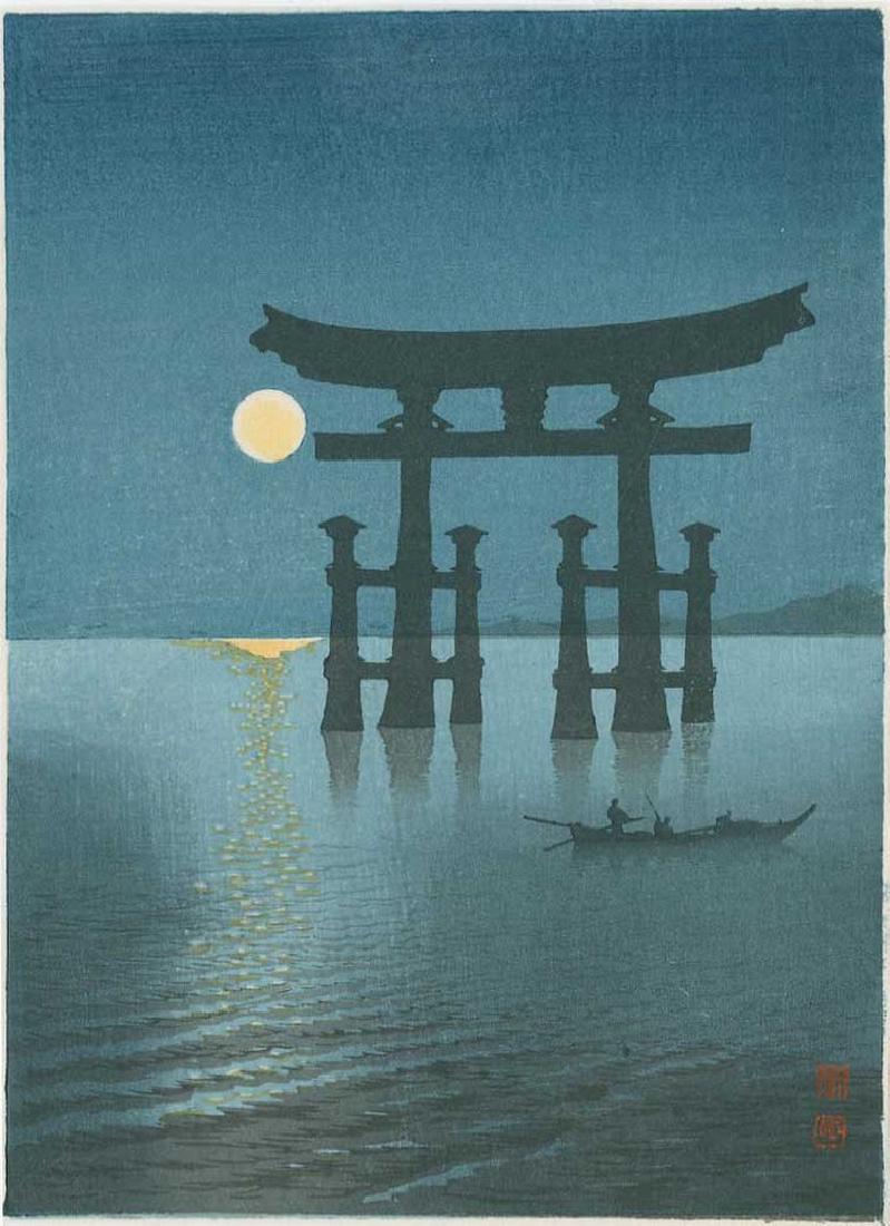 Koho Shoda -- Shrine Gate at Miyajima Woodblock: Japanese woodblock print NOTES/DATE/ETC: 1910-20 -- Hasegawa/Nishimomiya's "Night Scenes" Series (1938-60's printing) SIZE IN INCHES: 7 1/4 x 10 inches (+ margins as shown) COMMENTS: From the "Night S