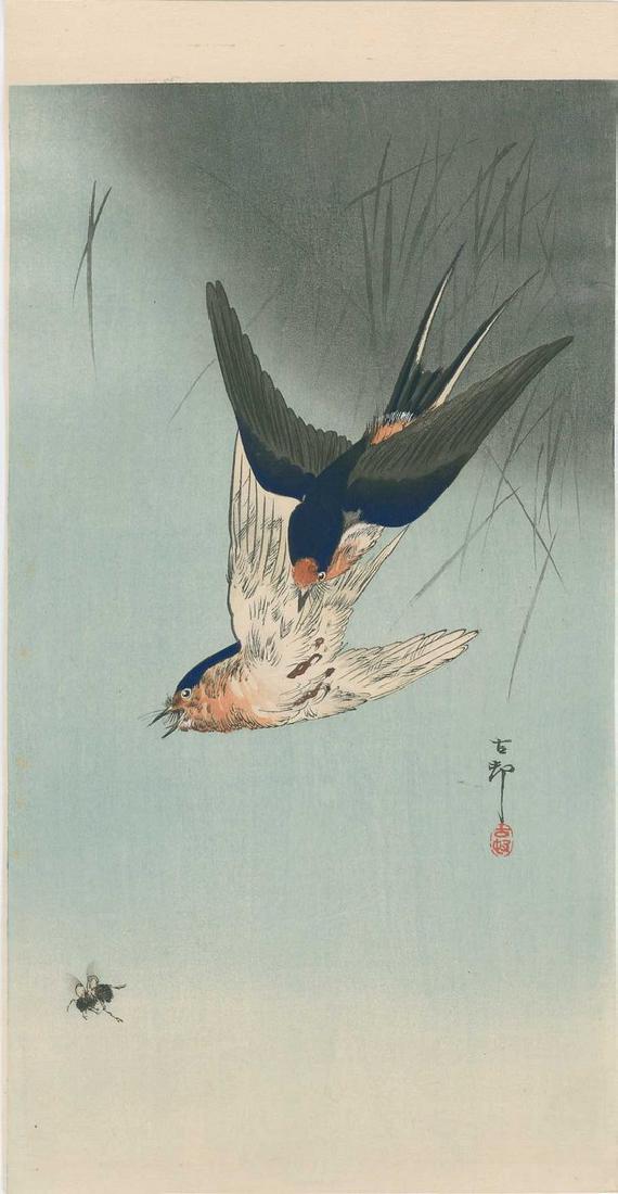 Koson - Two Barn Swallows Pursuing a Bee Woodblock: Japanese woodblock print NOTES/DATE/ETC: c1910-23 -- Daikoku-ya Publisher (pre-1923 Earthquake) SIZE IN INCHES: 7 1/2 x 13 1/2 inches (original margins) COMMENTS: Rare -- Robert O Muller Estate OHARA 