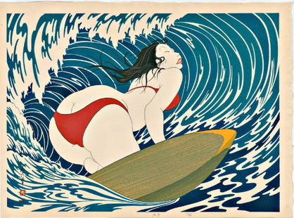 Yoshio Okada: Surfer Girl Woodblock 1st Edition: Japanese woodblock print NOTES/DATE/ETC: 1974, first and only edition, AP (artist proof) SIZE IN INCHES: 17.75 x 13 inches COMMENTS: A rare and sensual design showing a Japanese beauty (bijin) in a re