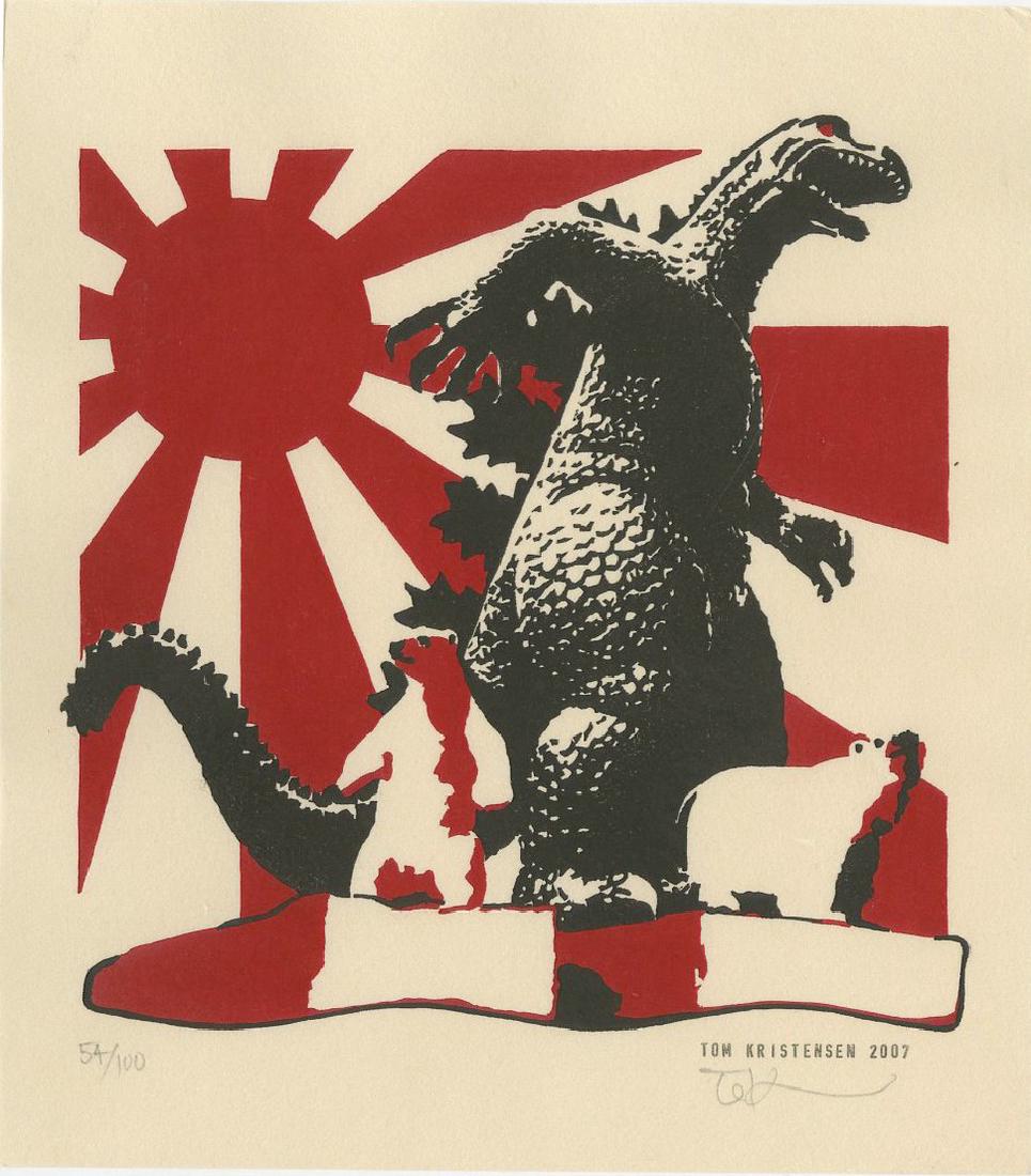 Tom Kristensed -- Godzilla and Polar Bears (#54/100): Japanese Woodblock Print, 2007 -- Self-published. Pencil signed and numberd #54/100 SIZE IN INCHES: 7 1/8 x 7 1/2 (+ wide margins) COMMENTS:Pencil-signed by artist. Edition is "Sold Out." FINAL COPY.