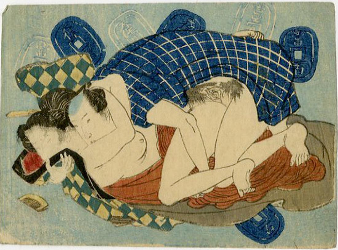 Utagawa -- Couple and Japanese Coins shunga woodblock: Japanese Woodblock Print, c1850 -- Edo Era (original print) SIZE IN INCHES: 3 5/8 x 5 3/4 (without margins) COMMENTS:Highly detailed. Very clean for shunga.