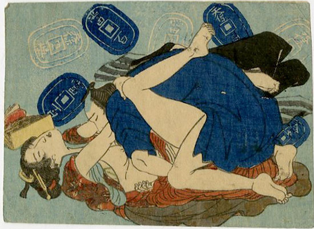 Utagawa -- Couple and Japanese Coins shunga woodblock: Japanese Woodblock Print, c1850 -- Edo Era (original print) SIZE IN INCHES: 3 5/8 x 5 3/4 (without margins) COMMENTS:Highly detailed. Very clean for shunga.