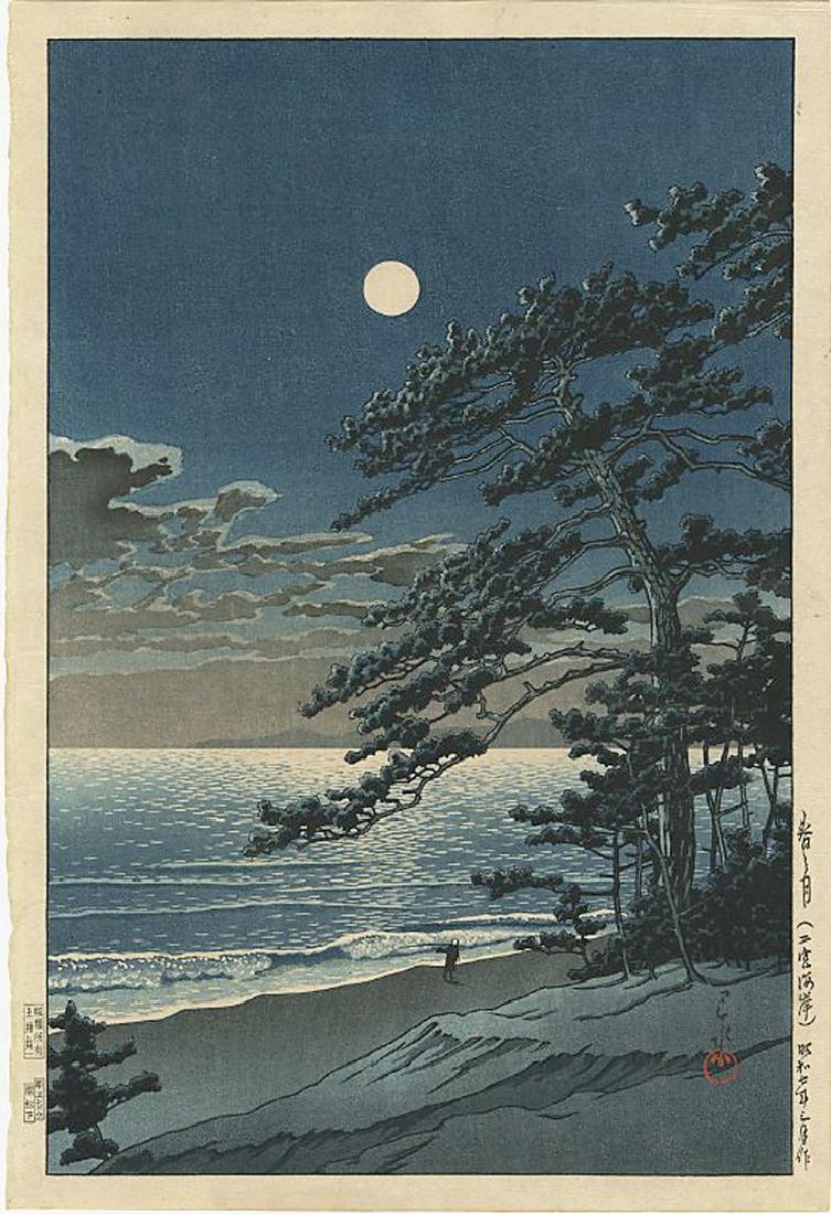 Hasui Kawase - Spring Moon Ninomiya Beach Woodblock: Japanese Woodblock Print, 1932 -- Doi Publisher -- C/P Endo/Matsushima -- First Edition SIZE IN INCHES: 9 3/8 x 14 3/8 (+ margins) COMMENTS:Skillful "bokashi" shading, highly detailed. Rare. KAWASE HA