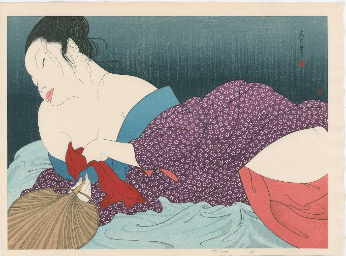 Yoshio Okada - Deshabille Woman Reclining Woodblock: Japanese Woodblock Print, 1974 -- Kadokawa Publisher -- Limited Edition #57/100 SIZE IN INCHES: 11 3/4 x 16 1/4 (+ margins) COMMENTS:Soft "bokashi" shading, light "gauffrage" (embossing), highly detai