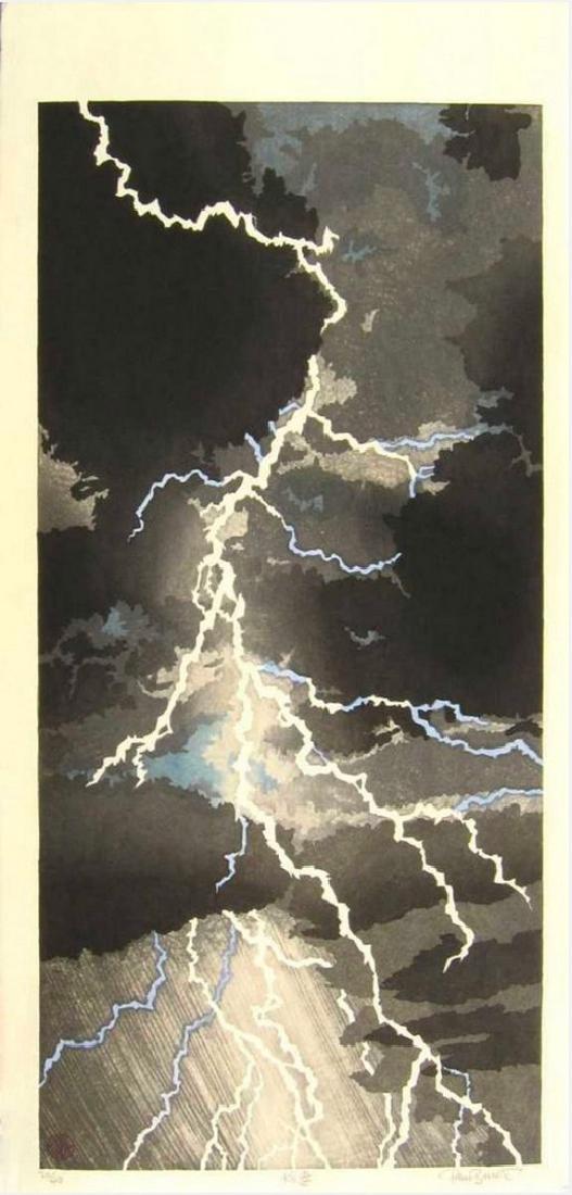 Paul Binnie - Lightning Woodblock: Japanese Woodblock Print, 2010 -- Self-carved/self-printed -- Very Limited Edition #xx/40 SIZE IN INCHES: 11 1/2 x 24 LARGE (+ wide margins) COMMENTS:Boldly carved -- skillful "bokashi" shading, heavy