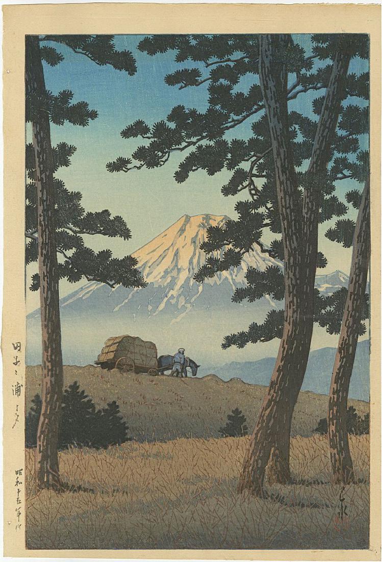 Hasui: Evening Tagonoura Woodblock Lifetime 6mm seal: Japanese Woodblock Print, 1940, lifetime edition published by Watanabe with 6mm seal (1947-57) SIZE IN INCHES: 10.5 x 15.5 inches KAWASE HASUI (1883 – 1957) was a Japanese woodblock print maker in t
