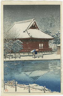 Hasui: Snow at Shinobazu Woodblock 1st Edition: Japanese Woodblock Print, 1931, first edition published by Tokyo Shobido SIZE IN INCHES: 10.25 x 15.5 inches KAWASE HASUI (1883 – 1957) was a Japanese woodblock print maker in the early 20th century