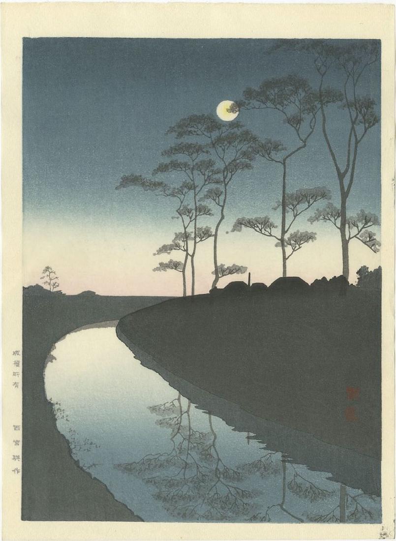 Koho Shoda: Country Scene Woodblock: Japanese Woodblock Print, 1920's, publlished by Nishinomiya; Provenance: from the Robert O. Muller estate SIZE IN INCHES: 8 x 11 inches The "Night Scene" series of prints published during the early 19