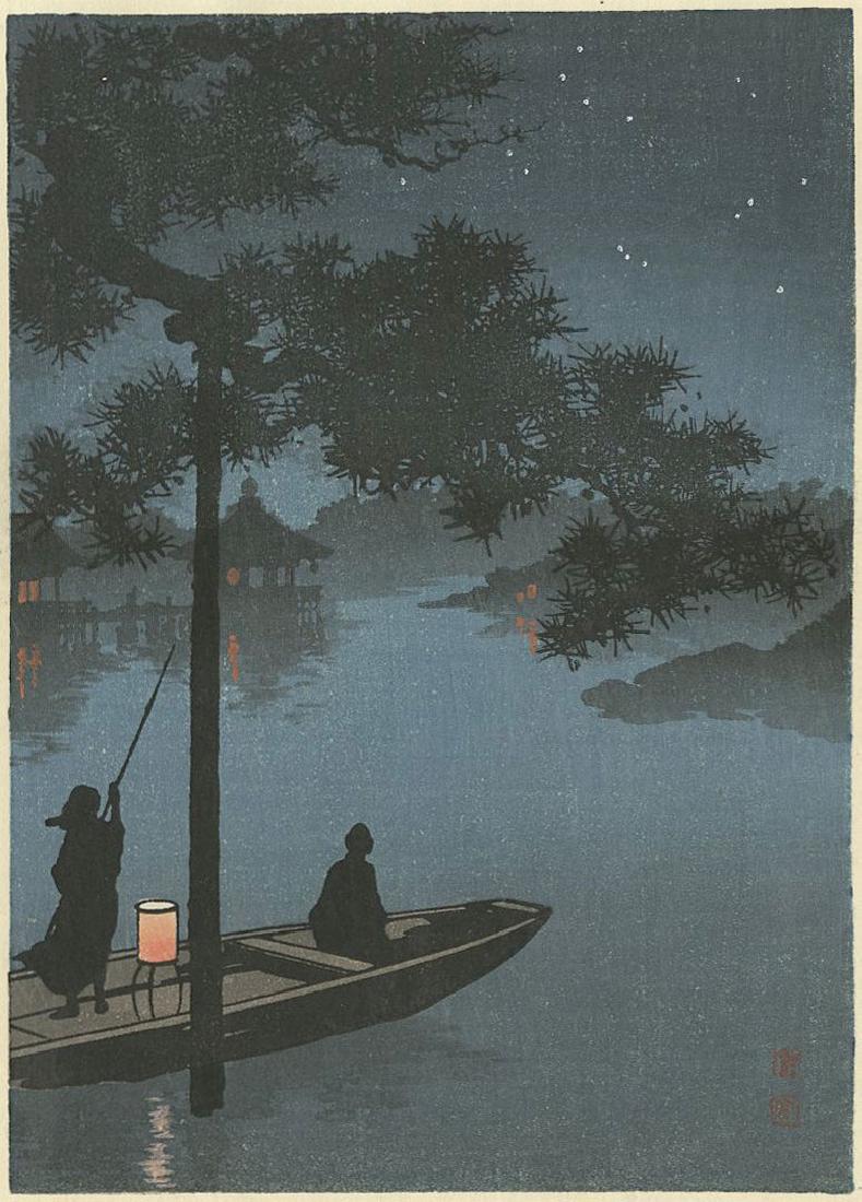 Koho Shoda: Lake Biwa Woodblock: Japanese Woodblock Print, 1920s, from the series "Night Scenes" published by Nishinomiya; Provenance: from the Robert O. Muller estate SIZE IN INCHES: 7.1 x 10.2 inches The "Night Scene" series of pri