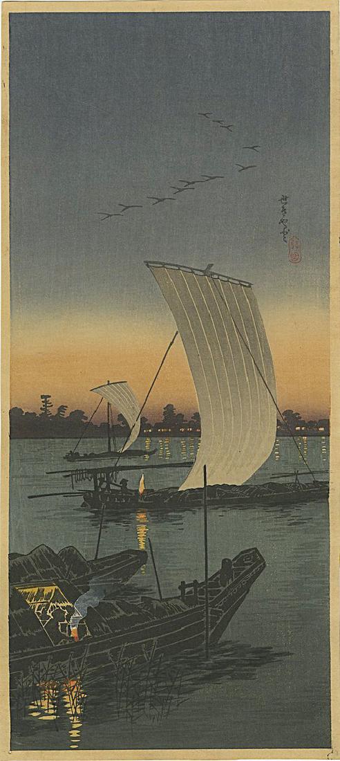 Shotei Takahashi (Hiroaki): Sekiyado Woodblock 1932: Japanese Woodblock Print, 1932, published by Watanabe; Provenance: from the Robert O. Muller estate SIZE IN INCHES: 6.8 x 15 inches TAKAHASHI SHOTEI was born in Tokyo with the given name of Takahashi 