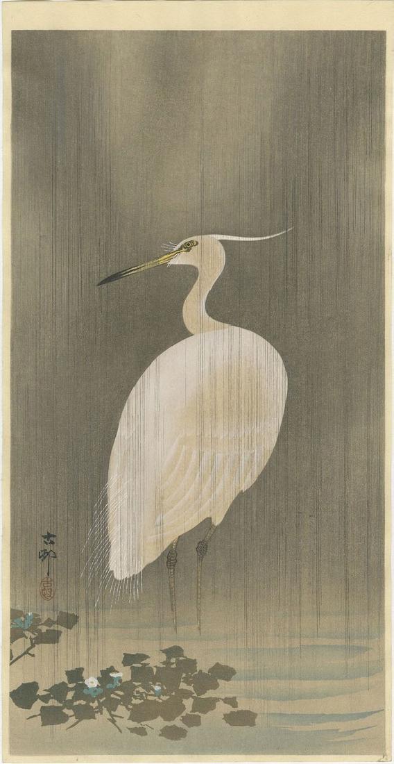 Koson Ohara: Egret in Rain Woodblock: Japanese Woodblock Print, c. 1920s, published by Daikokuya, signed and sealed Koson; Provenance: from the Robert O. Muller estate SIZE IN INCHES: 7.5 x 14.5 inches OHARA KOSON, who also went by the ar