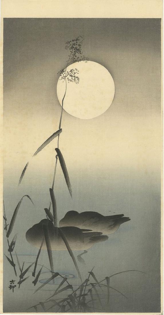 Koson Ohara: Sleeping Ducks Woodblock: Japanese Woodblock Print, c. 1920s, published by Daikokuya, signed and sealed Koson; Provenance: from the Robert O. Muller estate SIZE IN INCHES: 7.5 x 14.5 inches OHARA KOSON, who also went by the ar