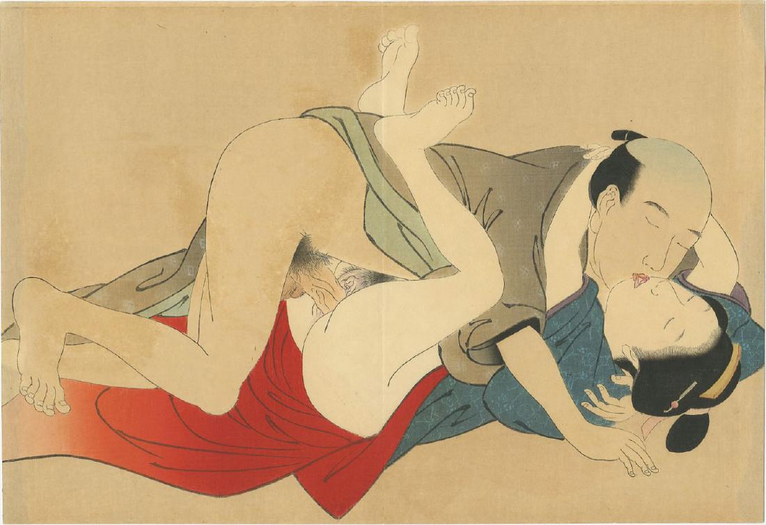 Maruyama Okyo - Lovers shunga woodblock: Japanese Woodblock Print, c.1850 -- Publisher unknown. SIZE IN INCHES: 9 7/8 x 14 1/2 (without margins) COMMENTS: Skillful "bokashi" shading, highly detailed.