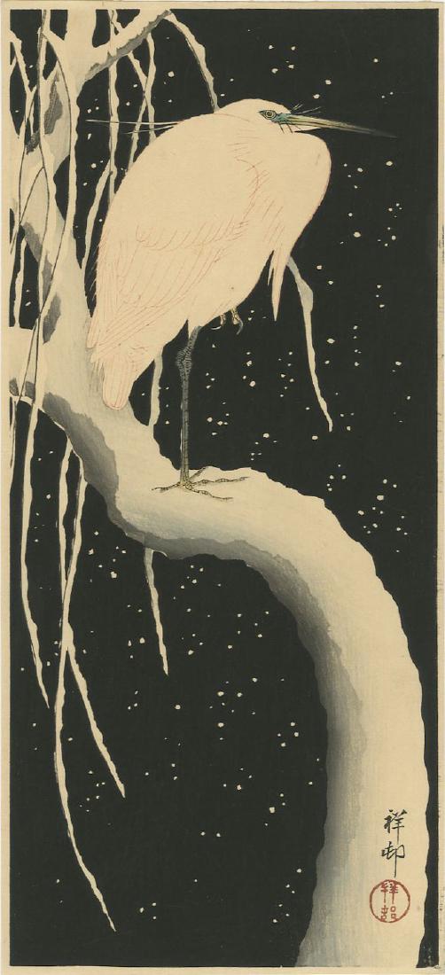 Ohara Koson - Egret on Snowy Branch woodblock Pre-EQ: Japanese Woodblock Print, c.1910-23 -- Watanabe Publisher. SIZE IN INCHES: 6 3/8 x 14 1/4 (margins as published) COMMENTS: Frontispiece to Koson reference. Skillful "bokashi" shading, "gauffrage" (emb