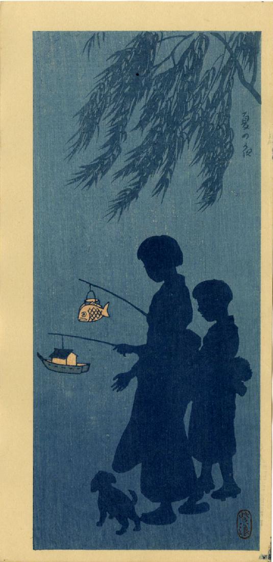 Kasamatsu Shiro: Children with Lanterns 1930s Woodblock: Japanese Woodblock Print, 1930s, first and only edition, from the series Kasamatsu Silhouettes, published by Shozaburo Watanabe SIZE IN INCHES: 5 x 10.25 SHIRO KASAMATSU (1898-1991) was born in the As